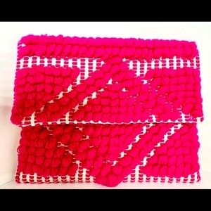 MUD PIE Hot Pink Pom Pom Clutch ~ Large Sized Hand-Loomed Fold-Over Snap Purse